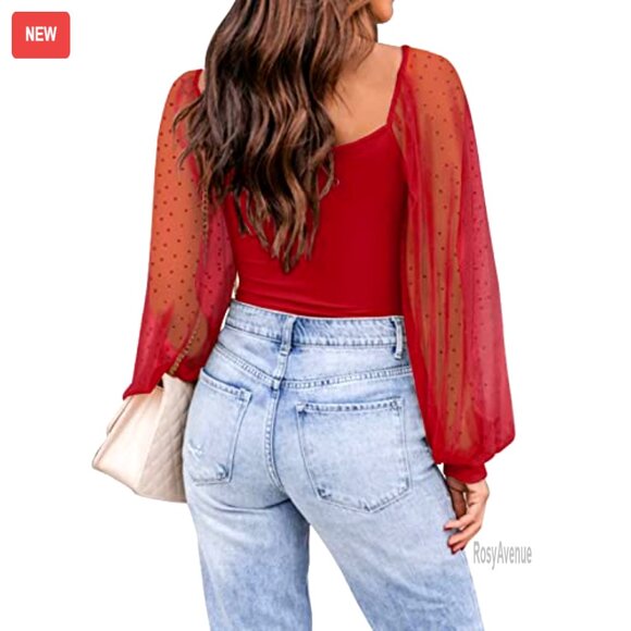 Mesh Long Sleeve Blouse Square Neck Puff Sleeve Stretchy Fabric - Picture 4 of 7